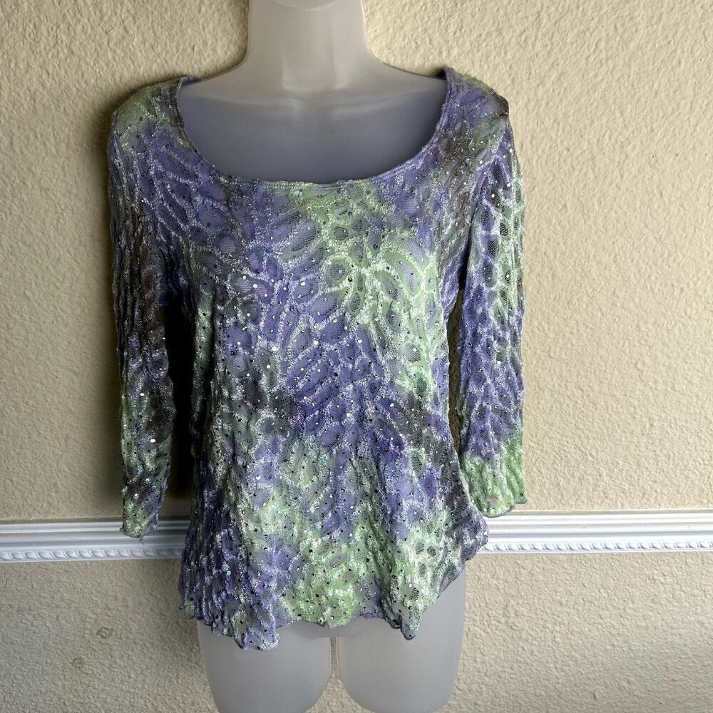 Vintage Dressbarn Fairy Coquette Women's Medium Purple Green Pastel Sequin Top